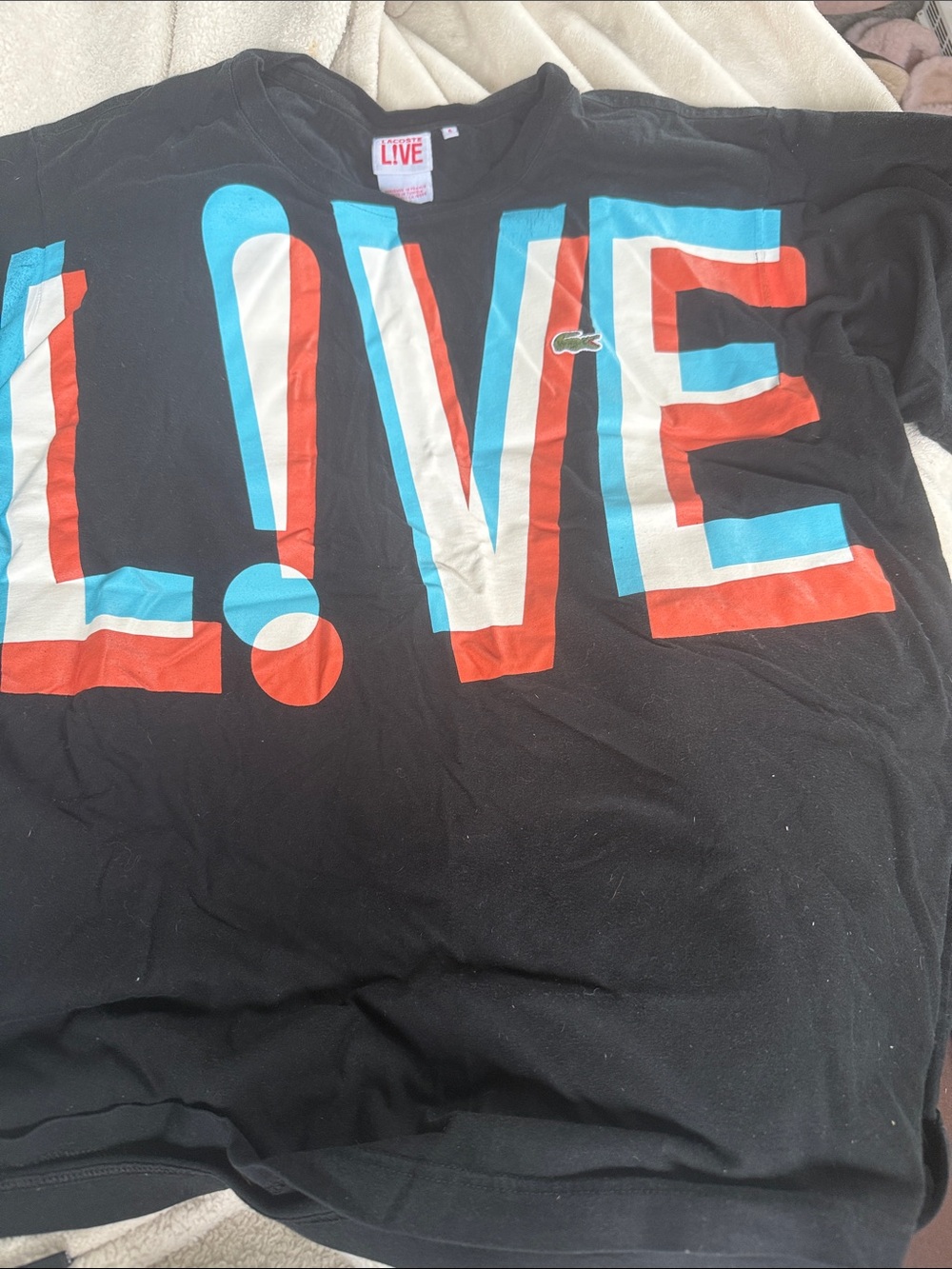 Lacoste Black Graphic Tee with Red, Aqua & White "LIVE" Print